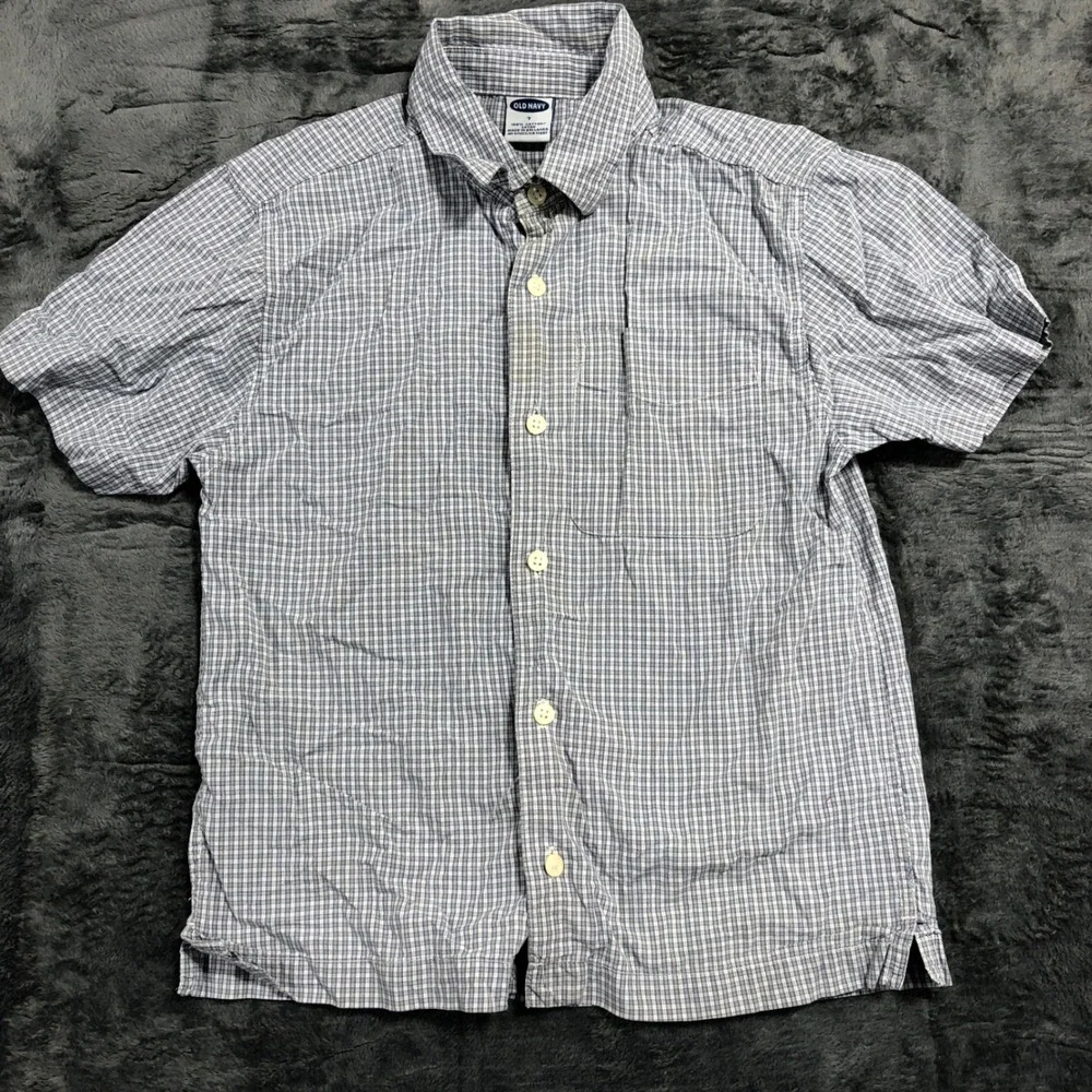 Old Navy Button Down Shirt Kids Size 7 Blue Gingham Short Sleeve Cotton 305456